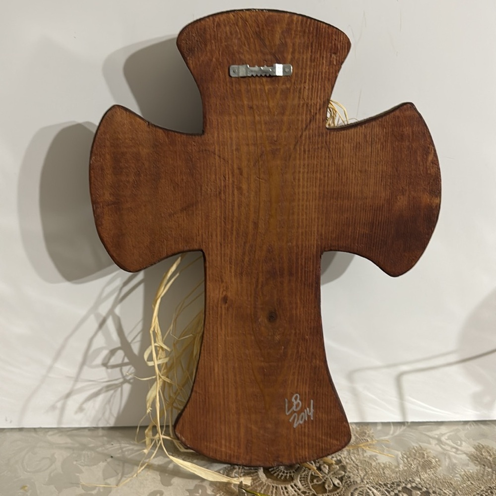 Rustic Brown Wooden Cross with Burlap Flower - Picture 6 of 6
